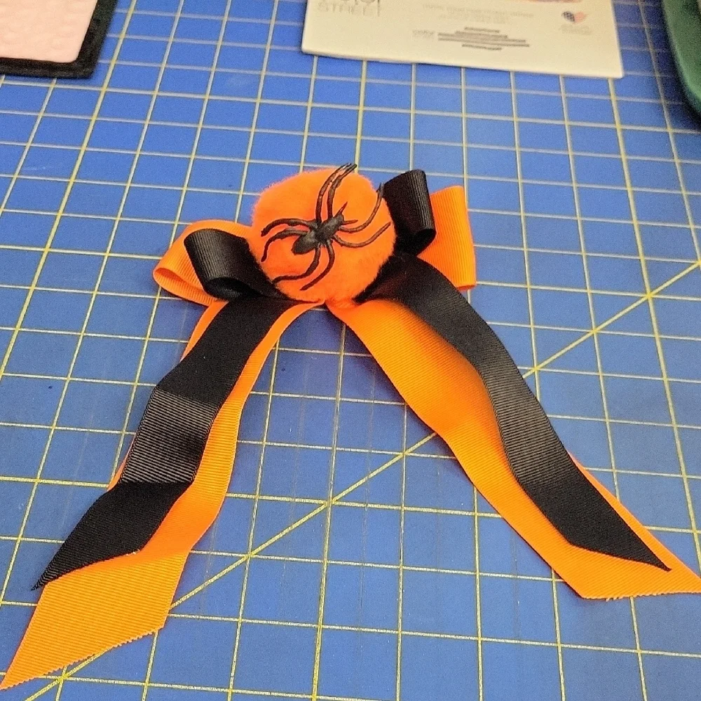 Orange Black Halloween Bow with Spider